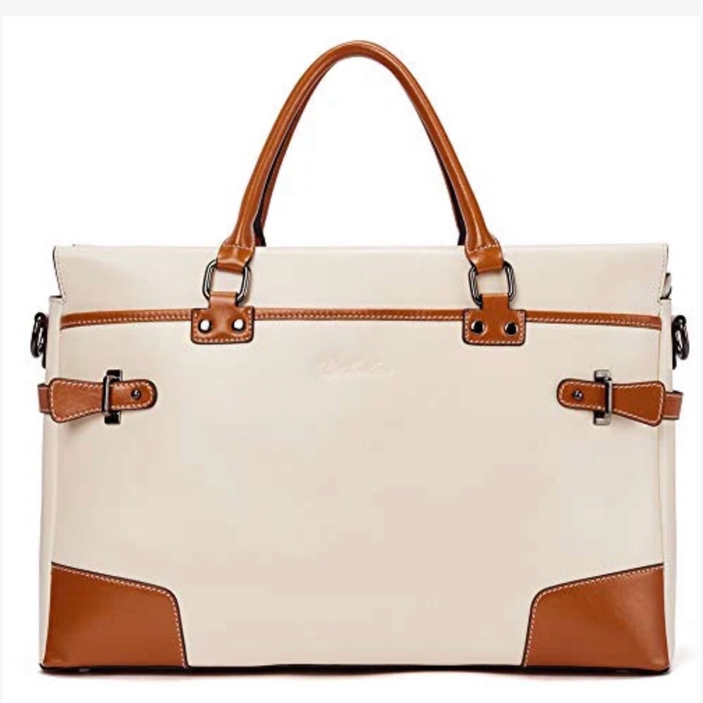 EUC- Bostanten Satchel/ Lap Top Bag- White and Tan Leather - Picture 2 of 4